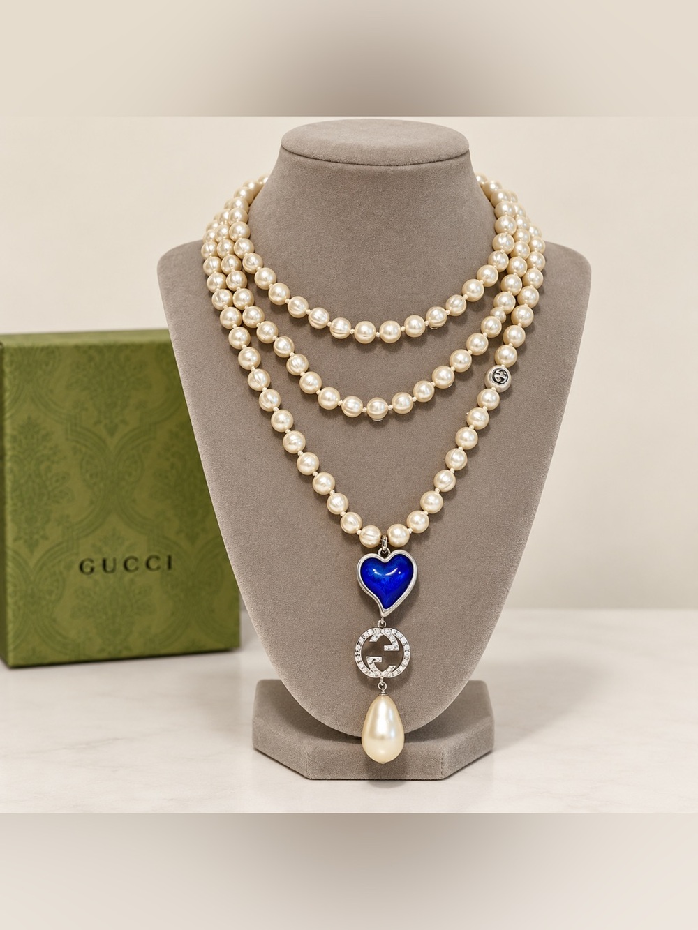 Gucci Runway Pearl Blue enamel heart GG Reversible Pendant Necklace